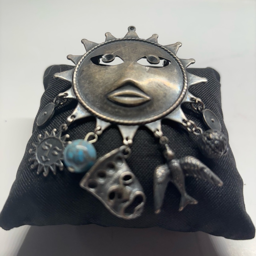 Silver Sun Face Brooch  Pin  Pendant with Charms - Picture 8 of 11